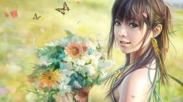 1920x1080 px,ART,artwork,butterflies,asians,brunettes