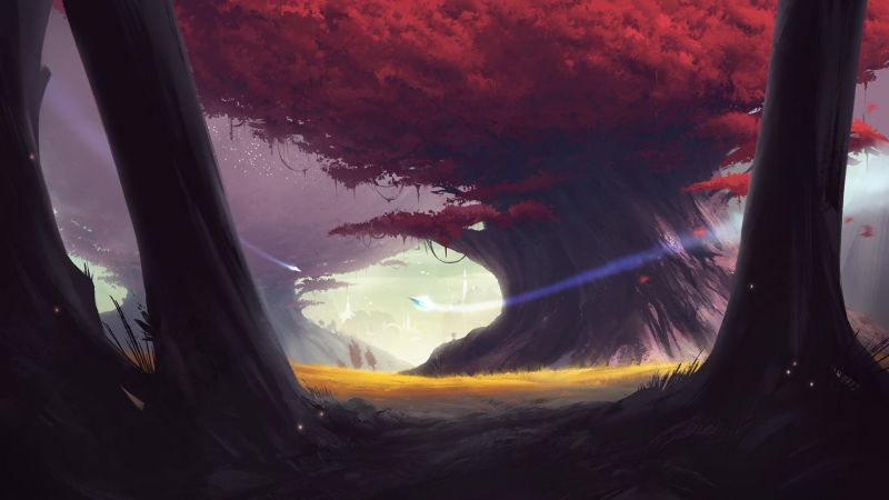 odraz, futuristický, slunečnímu záření, stromy, krajina, západ slunce odraz, futuristický, slunečnímu záření, stromy, krajina, západ slunce