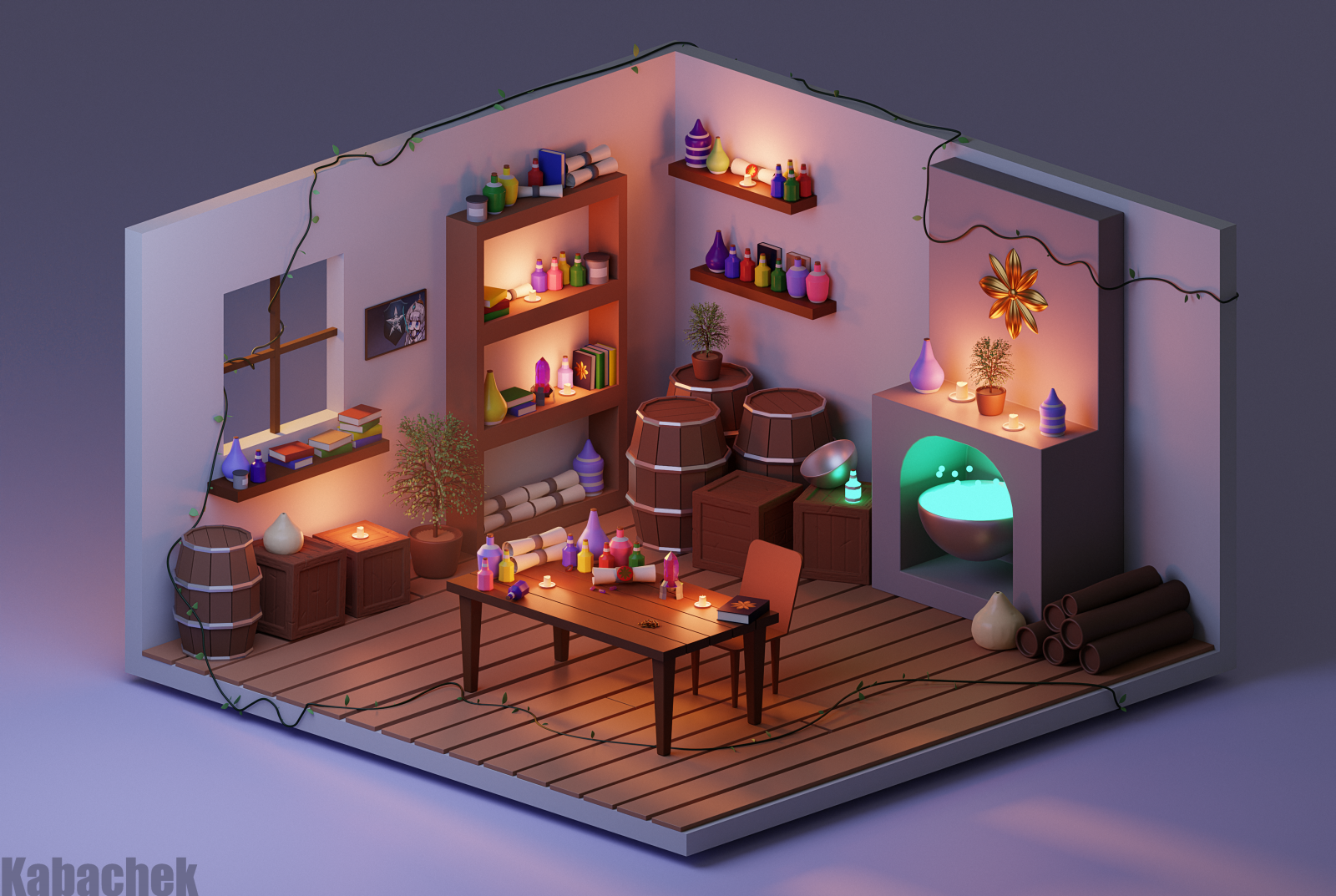 Kabachek, Mixér, Blesk, stůl, židle, lektvary, krabice, sudy, knihy, svíčky, 3D, digitální