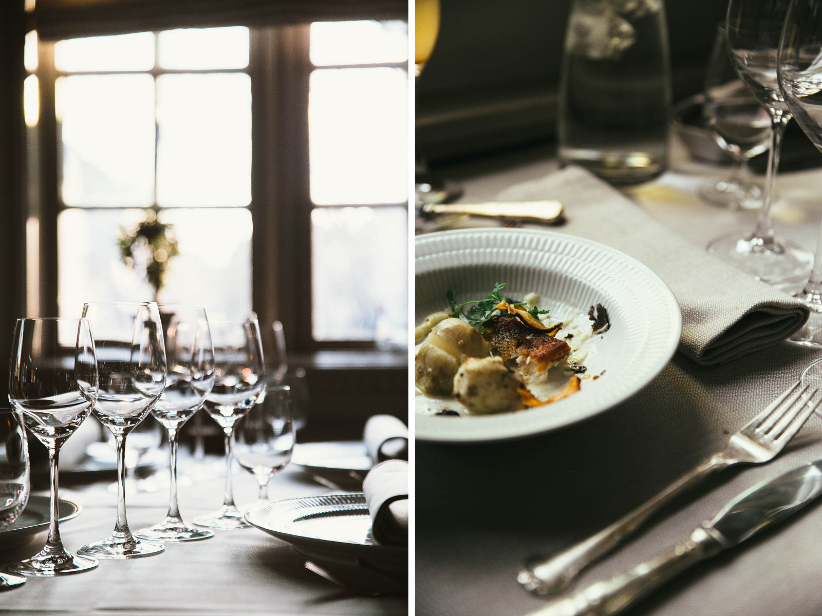 jídlo, slunce, Ryba, okno, sklenka, stůl, Dánsko, restaurace, jídlo, víno, Rozmazané, Odense, underlindetr et