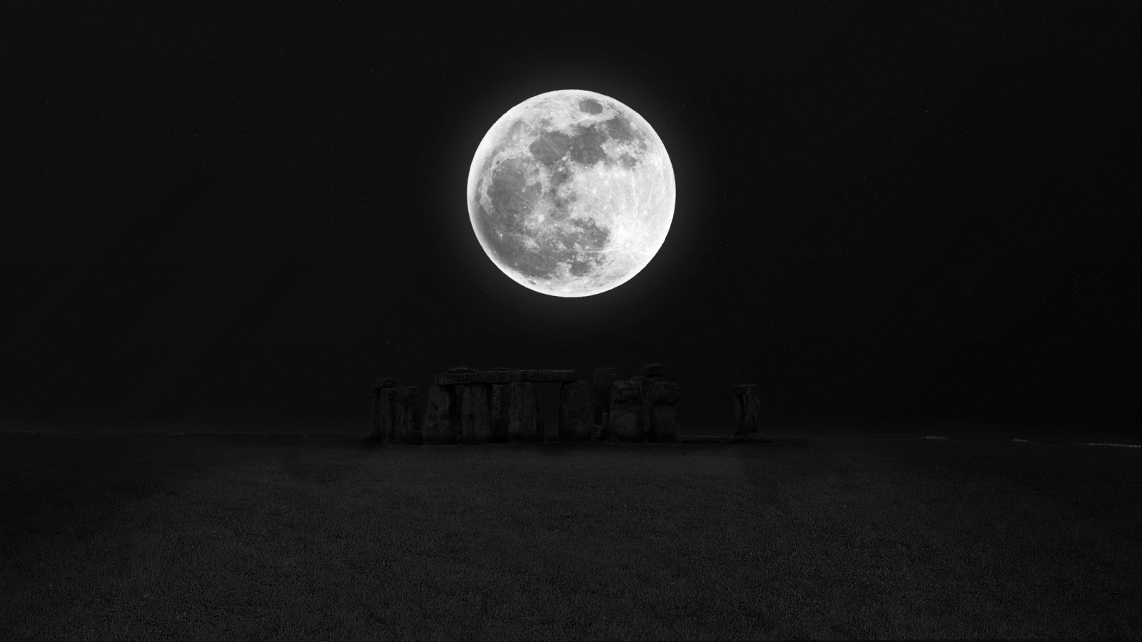 monokróm, éjszaka, Hold, holdfény, kör, légkör, Stonehenge, fény, sötétség, fekete és fehér, monokróm fényképezés, égitest, telihold