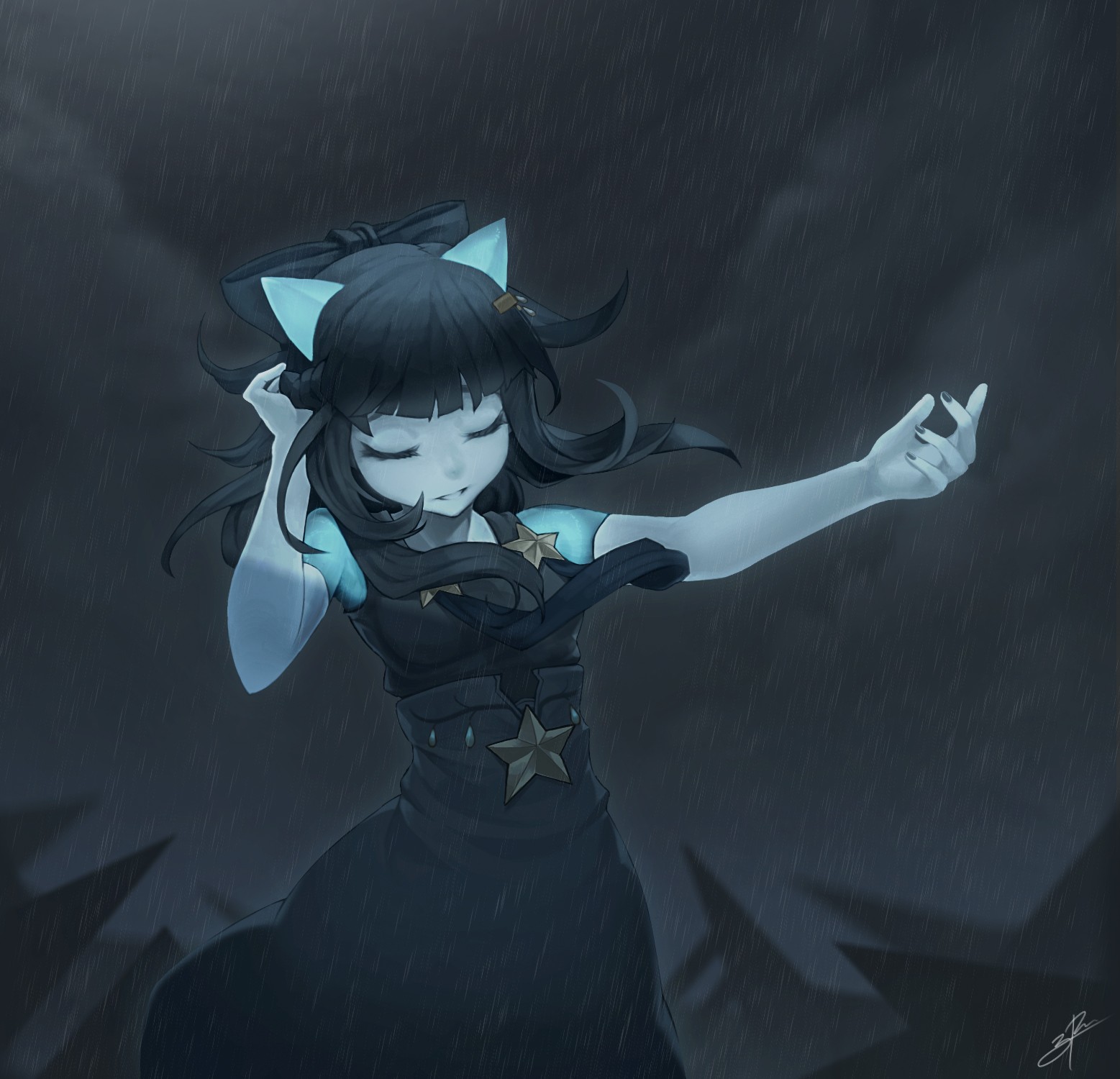 ilustrace, dlouhé vlasy, anime, anime dívky, zvířecí uši, déšť, tma, Snímek obrazovky, počítač tapeta