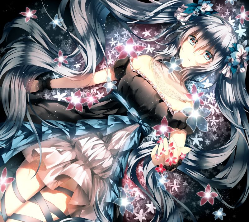 ilustrace, květiny, anime, anime dívky, Vocaloid, Hatsune Miku ilustrace, květiny, anime, anime dívky, Vocaloid, Hatsune Miku