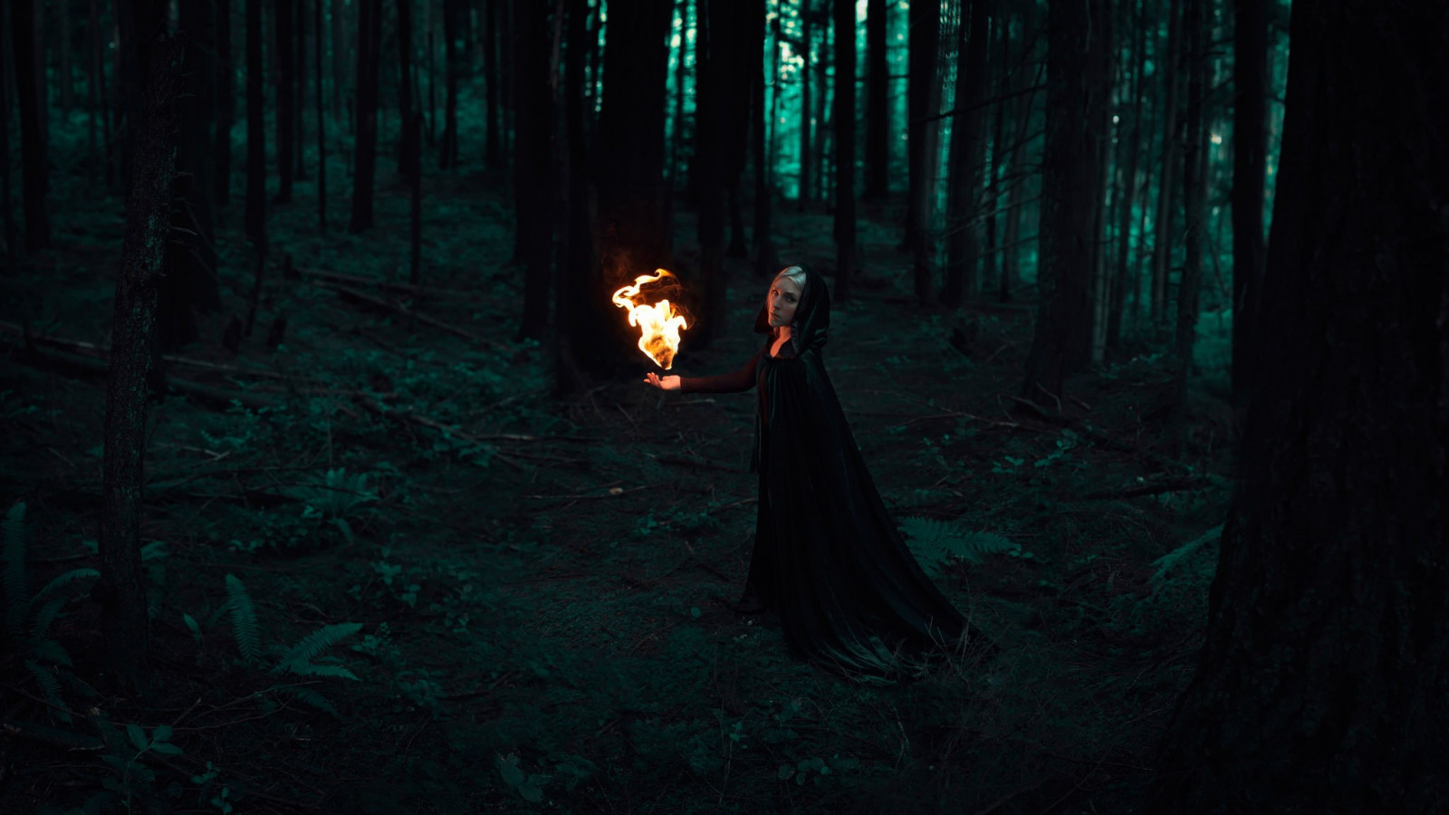 les, ženy, fantasy umění, noc, oheň, pláštěnky, půlnoc, tma, Snímek obrazovky, místo výskytu, přírodní prostředí, počítač tapeta, 2048x1153 px