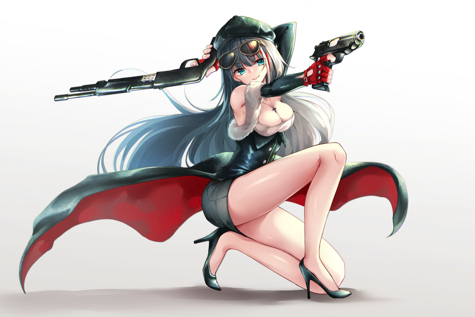 Azur Lane, dlouhé vlasy, aqua oči, výstřih, punčochy, pistole, brýle, zbraň, čepice, Deutschland Azur Lane