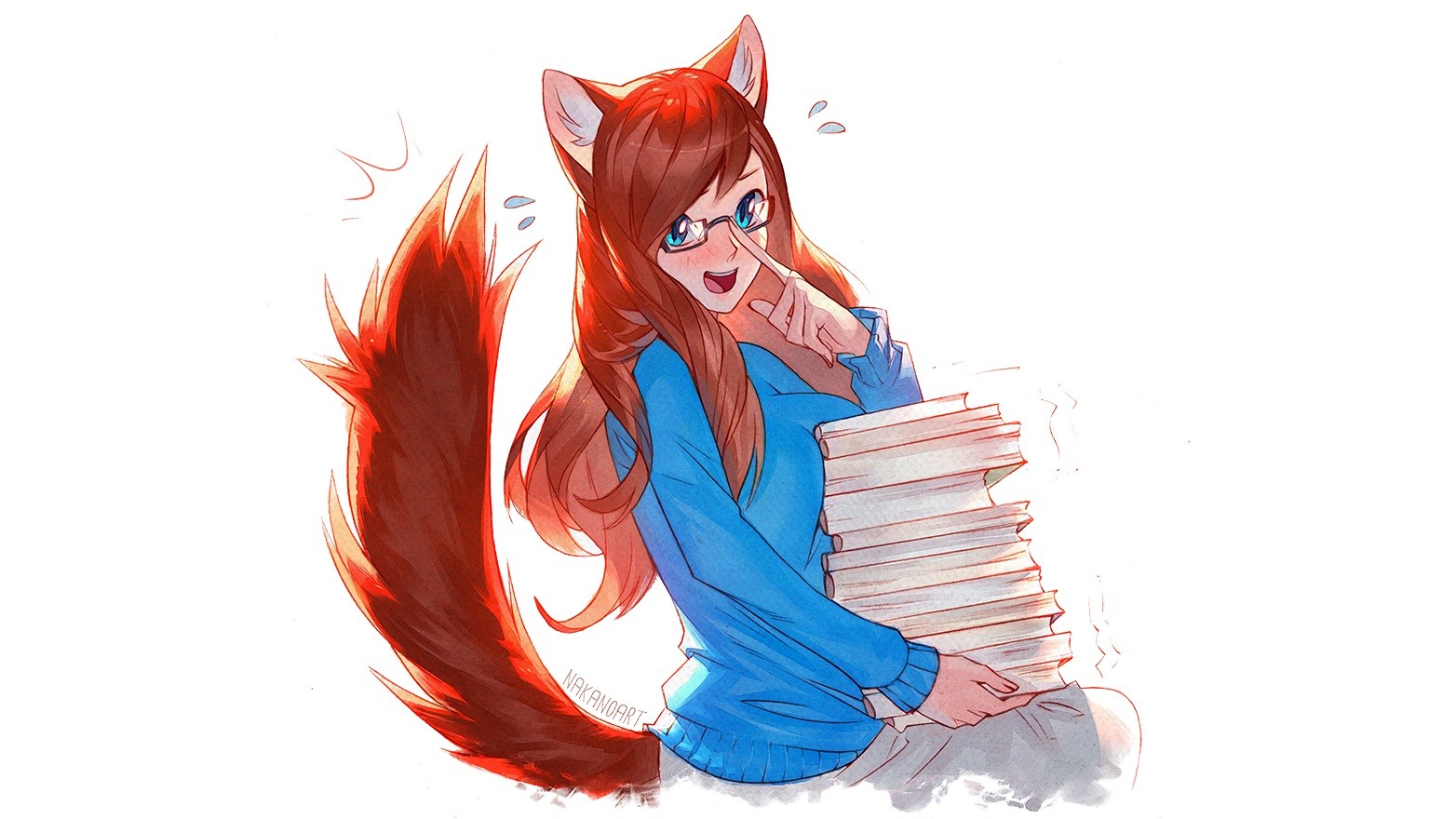 illustration, anime, Anime piger, Dyreører, blå øjne, briller, bøger, tegneserie, sweater, kostume, fiktiv karakter