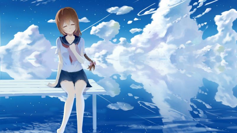 anime dívky, nebe, ilustrace, anime, modrý, vítr