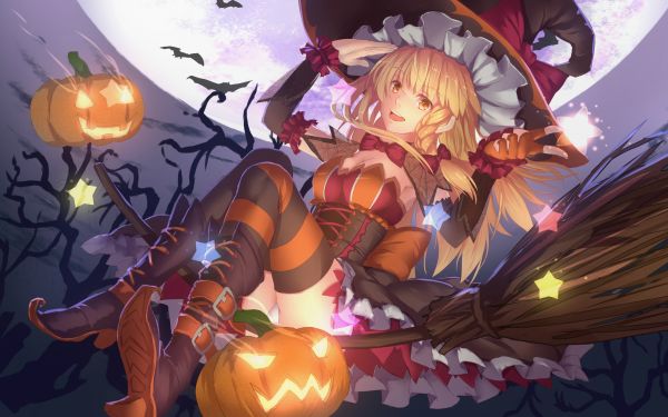 Halloween,pumpkin,witch hat,heels,Kirisame Marisa,thigh highs