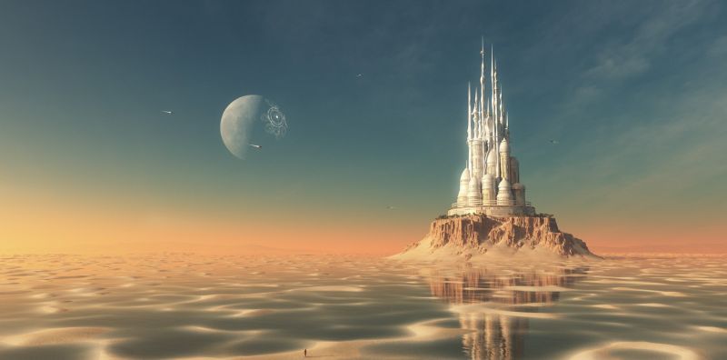 slunečnímu záření, moře, odraz, nebe, futuristický, fantasy umění slunečnímu záření, moře, odraz, nebe, futuristický, fantasy umění