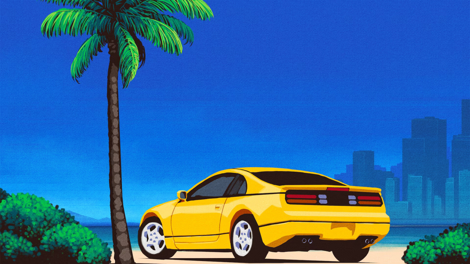 Video Game Art, clear sky, palm trees, car, skyline