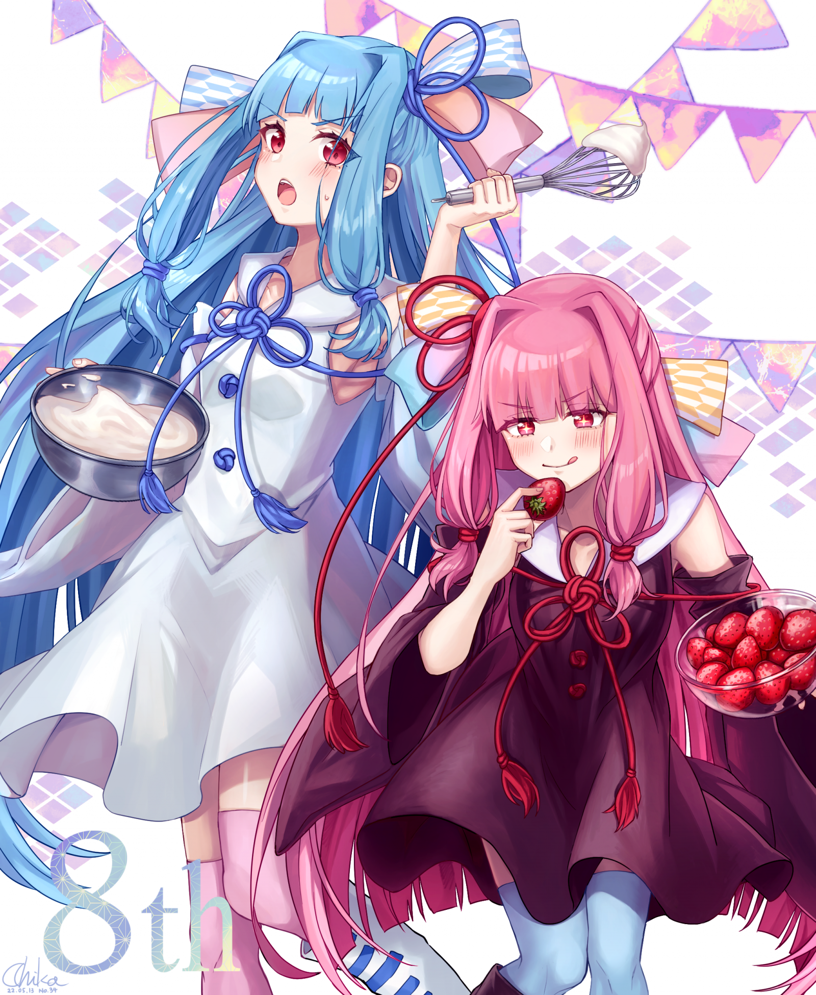 anime, anime dívky, Voiceroid, Kotonoha Akane, Kotonoha Aoi, dlouhé vlasy, modré vlasy, Růžové vlasy, dvojčata, umělecká díla, digitální umění, fan art