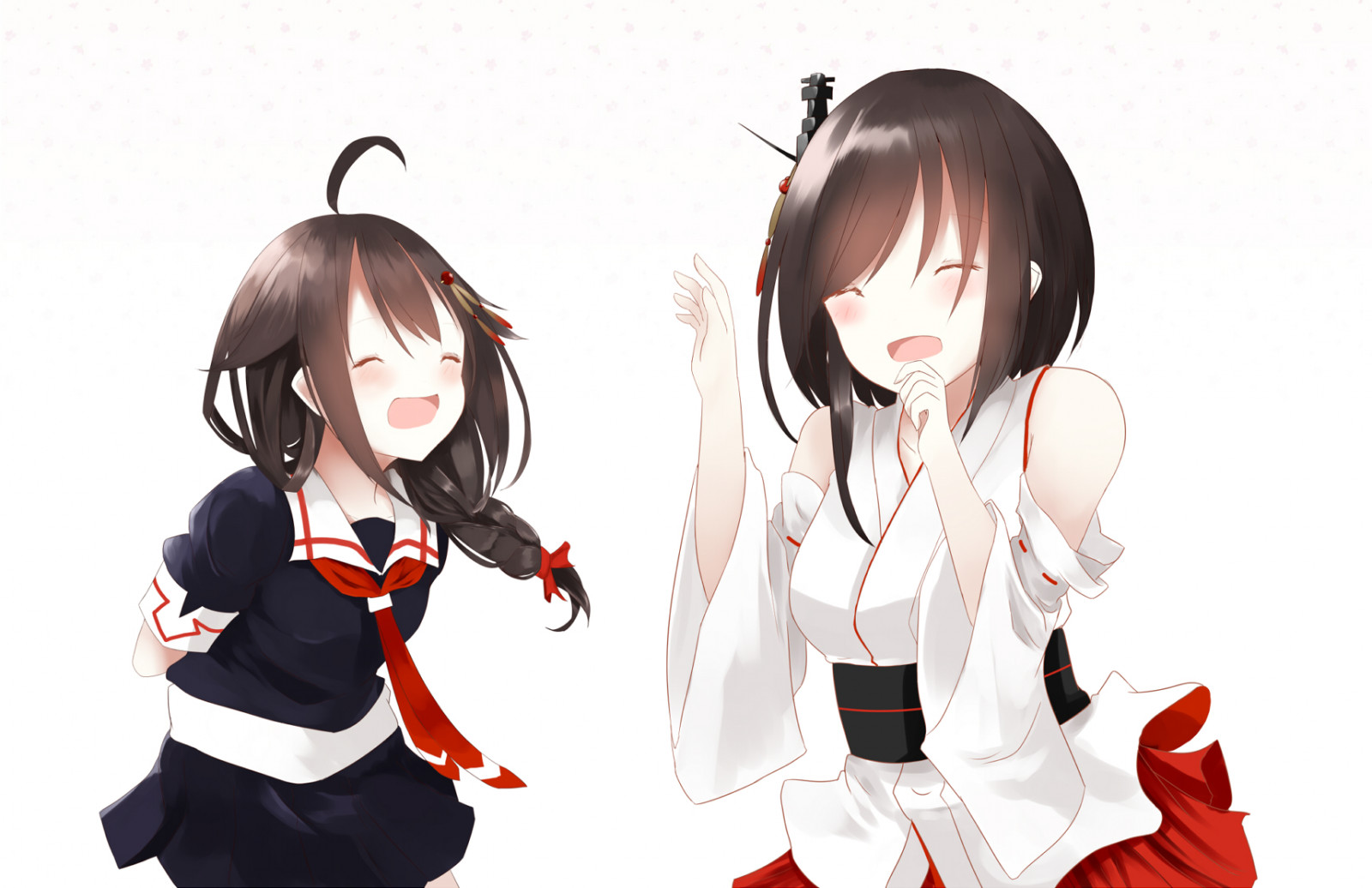 anime, Anime piger, Kantai Collection, Yamashiro KanColle, Shigure KanColle, kort hår, sort hår, shoulder length hair, brunette, japanske tøj, skoleuniform, kunstværk, Digital kunst, fan kunst, Hvid baggrund, Enkel baggrund
