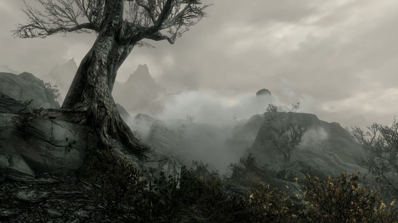 les, černobílý, fantasy umění, Příroda, sníh, ráno, mlha, The Elder Scrolls V Skyrim, divočina, mrak, strom, mlha, hora, počasí, tma, Snímek obrazovky, 1920x1080 px, místo výskytu, atmosférický jev, dřevina, horských reliéf, geografický rys, pohoří