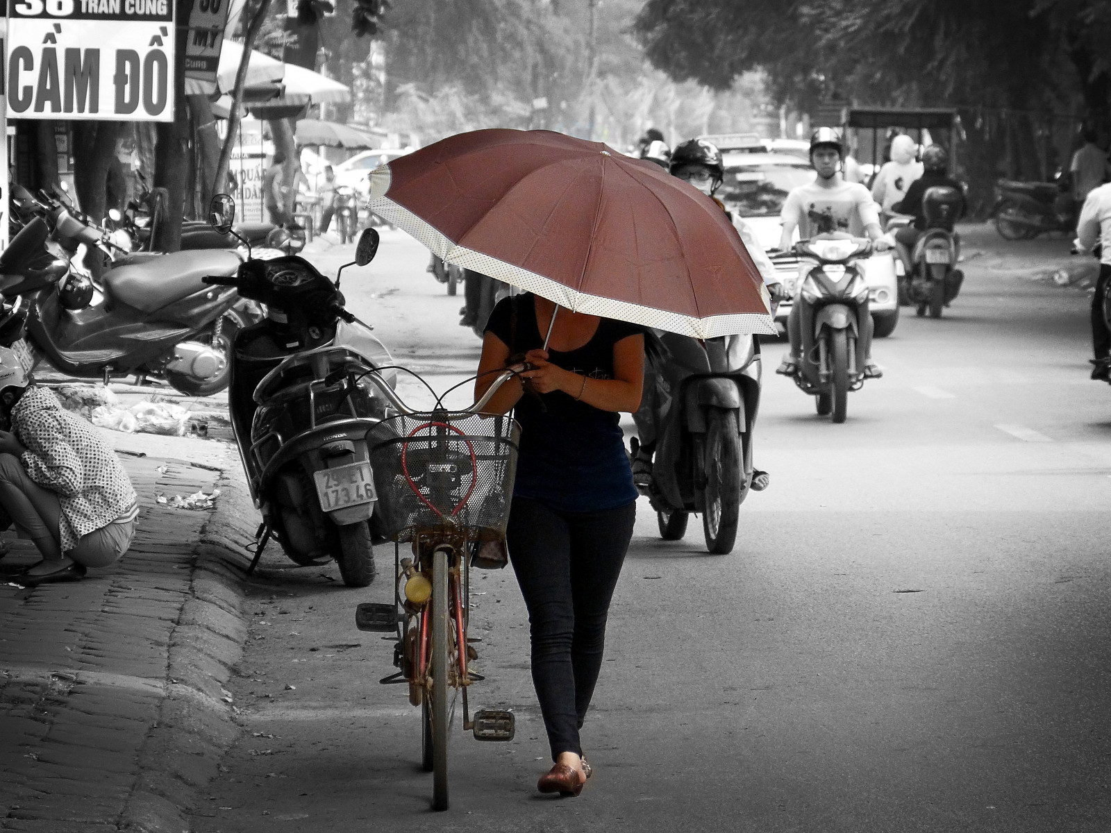 liv, gade, Sol, pige, cykel, paraply, Lumix, Trafik, Vietnam, Hanoi