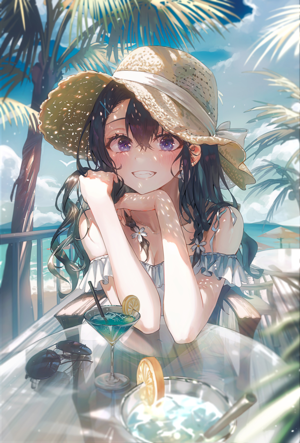 Wallpaper anime girls, straw hat, drink, beach 1000x1475