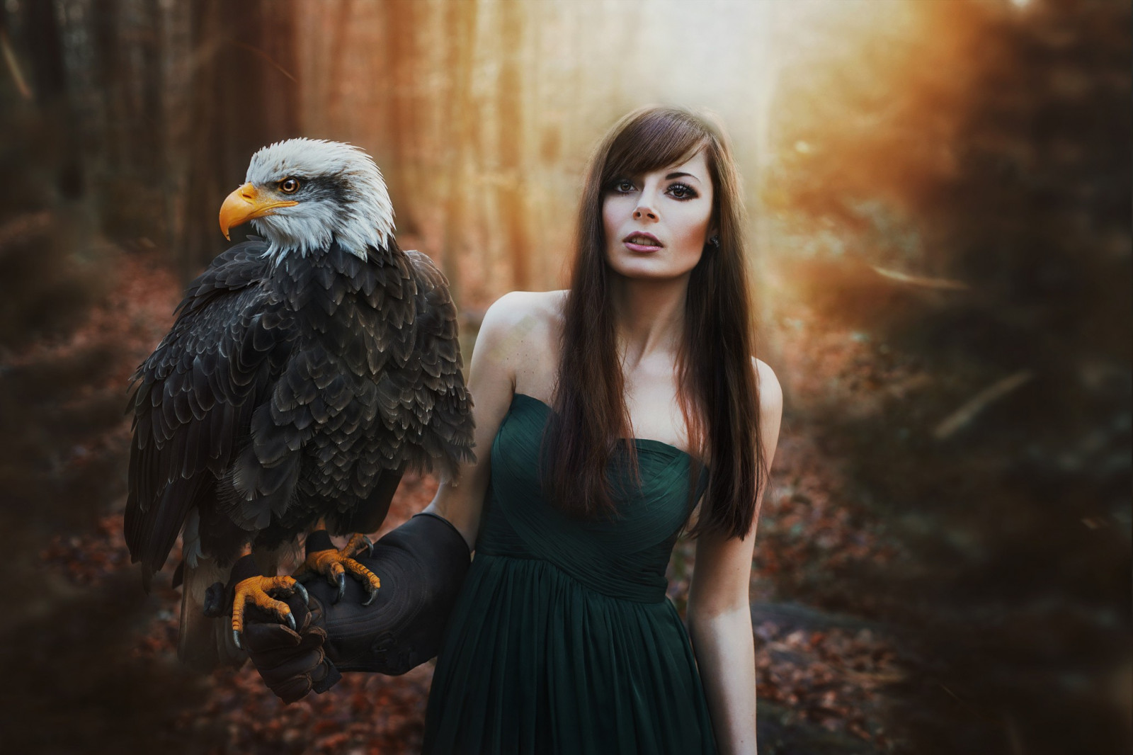 Wald, Vögel, Frauen im Freien, Frau, Porträt, lange Haare, Brünette, nackten Schultern, offener Mund, Kleid, braune Augen, blass, Stehen, Pony, kein BH, Adler, grünes Kleid, Mythologie, Rauchige Augen, Computer-Tapete