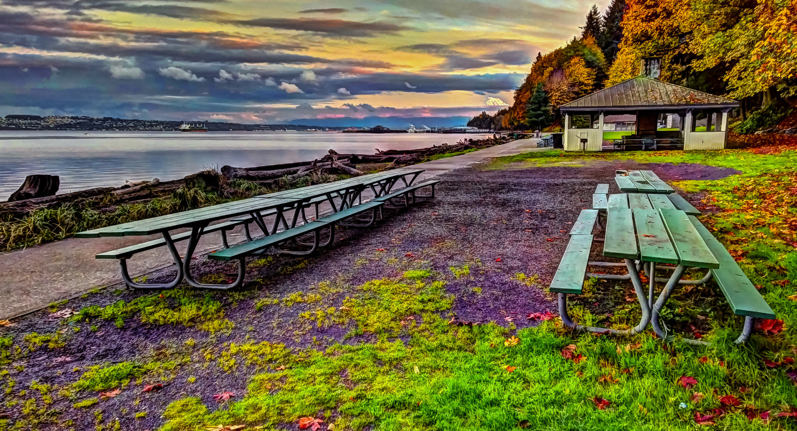 slunečnímu záření, stromy, krajina, loď, západ slunce, jezero, voda, Příroda, odraz, tráva, nebe, park, mraky, pláž, stůl, večer, ráno, pobřeží, HDR, piknik, náklad, banka, kontejner, trajekt, nábřeží, Vzdor, mrak, strom, podzim, list, washington, svítání, bod, rostlina, počítač tapeta, Tacoma