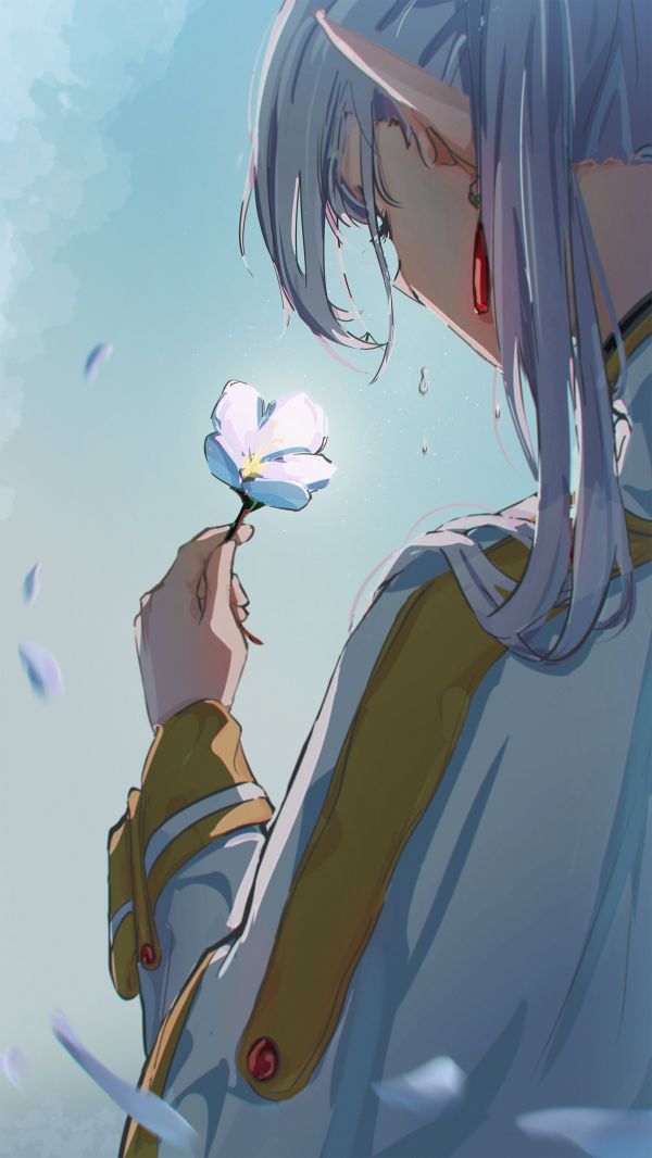 Sousou No Frieren,anime girls,pointy ears,white flowers,Imori,elves