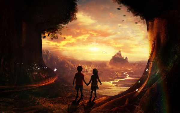 digital art, fantasy art, sunlight, mountains, sunset, children