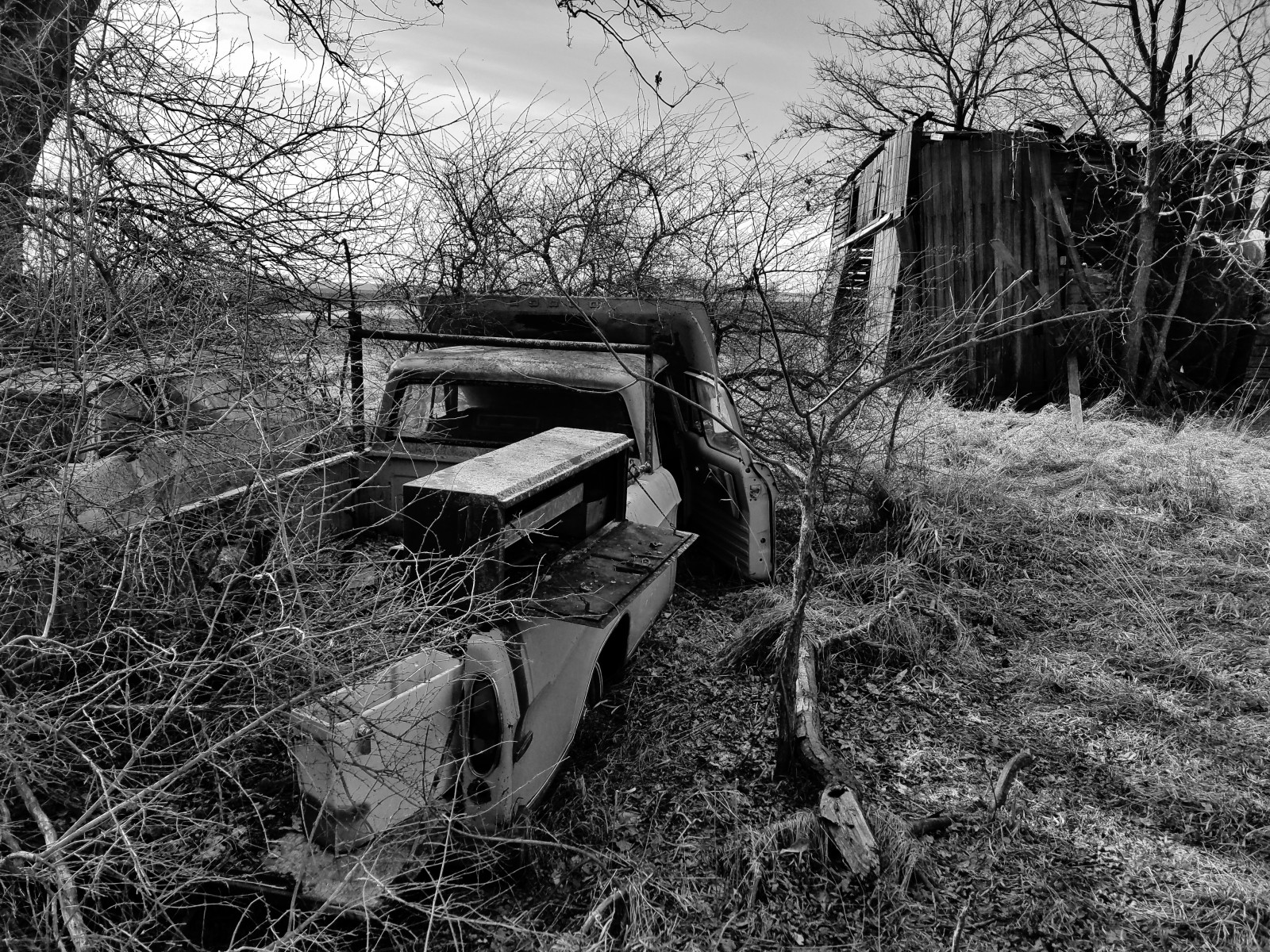 nákladní auto, truckthursday, opuštěný, abandonedillinois, abandonedfarm, Vyhnout se, rozklad, zapomenutý, ruraldecay, venkovský, země, větrná farma, Ohio, Illinois, Černý a bílý, černobílý, hospodařit, stodola, zřícenina, rez, poškození
