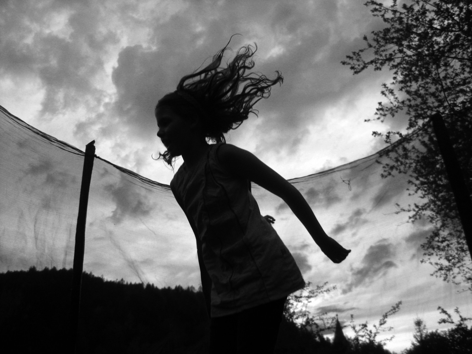 vlasy, skákání, Radost, mraky, Freiburg, syn, baum, Trampolín, abends, g nterstal, artlibres, slipperbuddha
