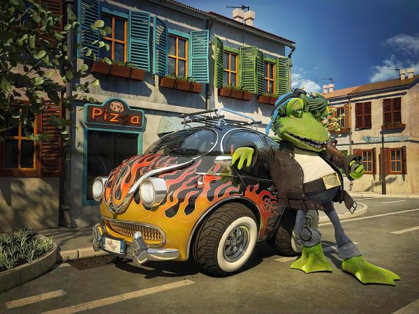 car, street, stylish, frog, cool, animation