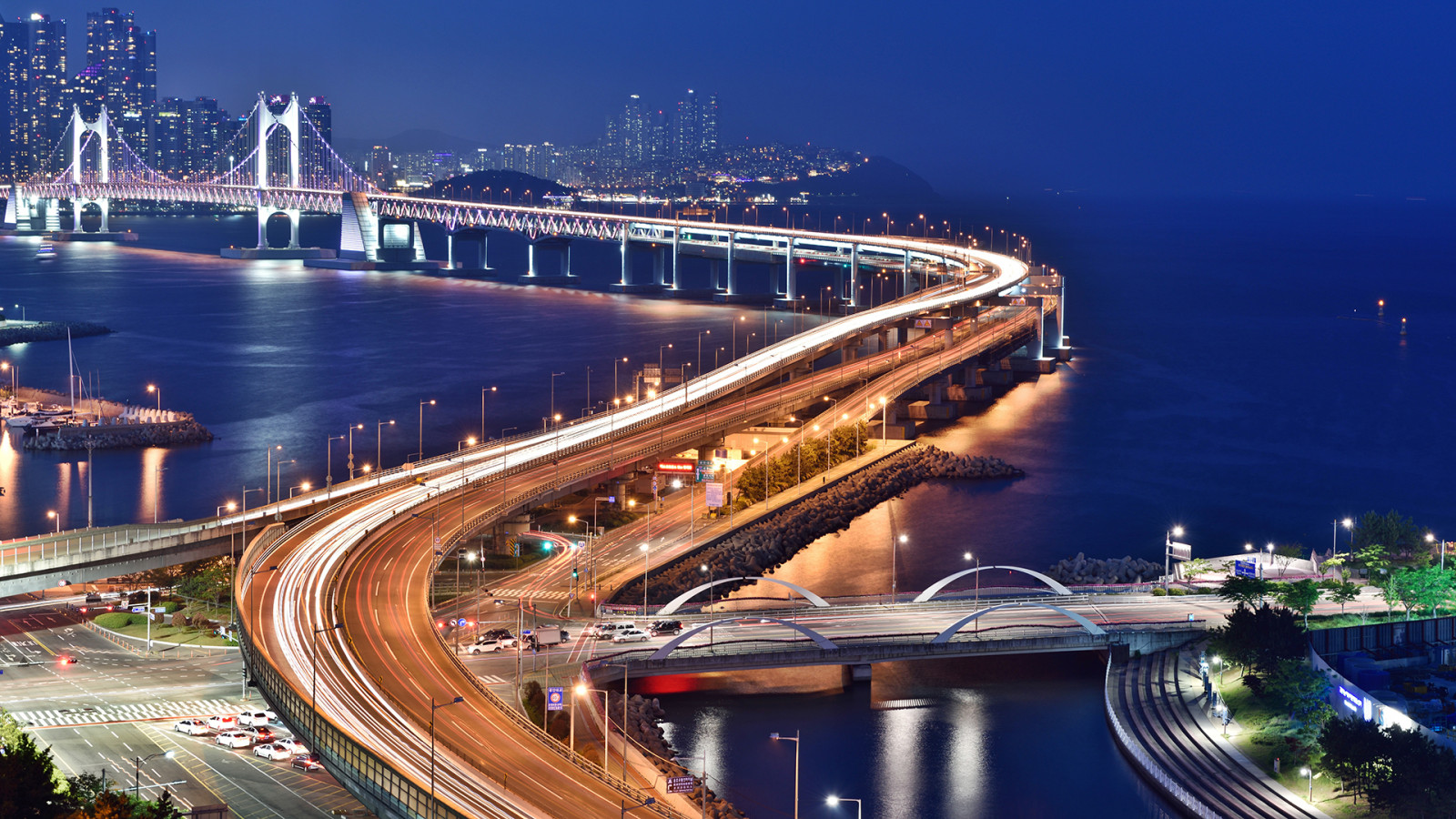1920x1080 px, bro, Busan, Kwangan Bridge, lys stier, nat, fotografering, vej, Sydkorea