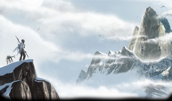 clouds,digital art,mountains,snow,spaceship,JC Richard