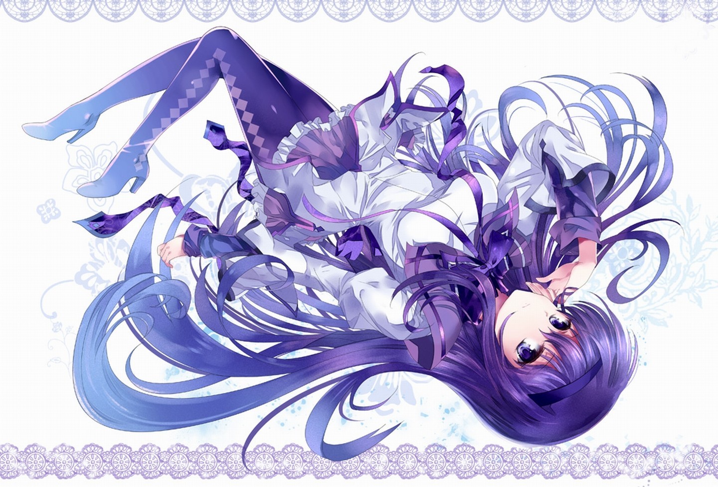 desen, ilustrare, anime, fete anime, Mahou Shoujo Madoka Magica, Akemi Homura, Violet, violet, floare, Zana, schiță, caracter fictional, font