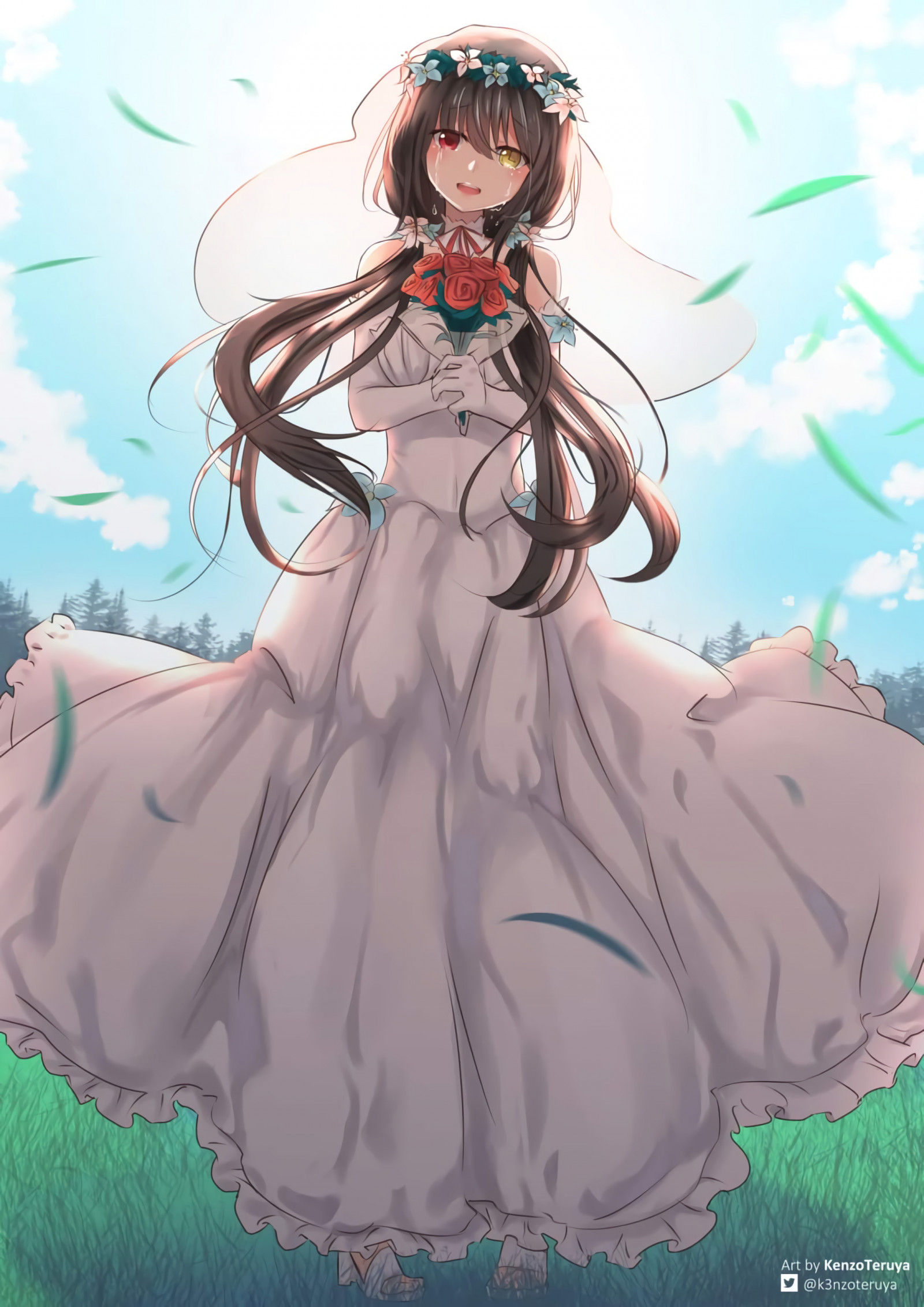 anime dívky, anime, Tokisaki Kurumi, Date A Live, červené oči, svatební šaty, heterochromia, květiny