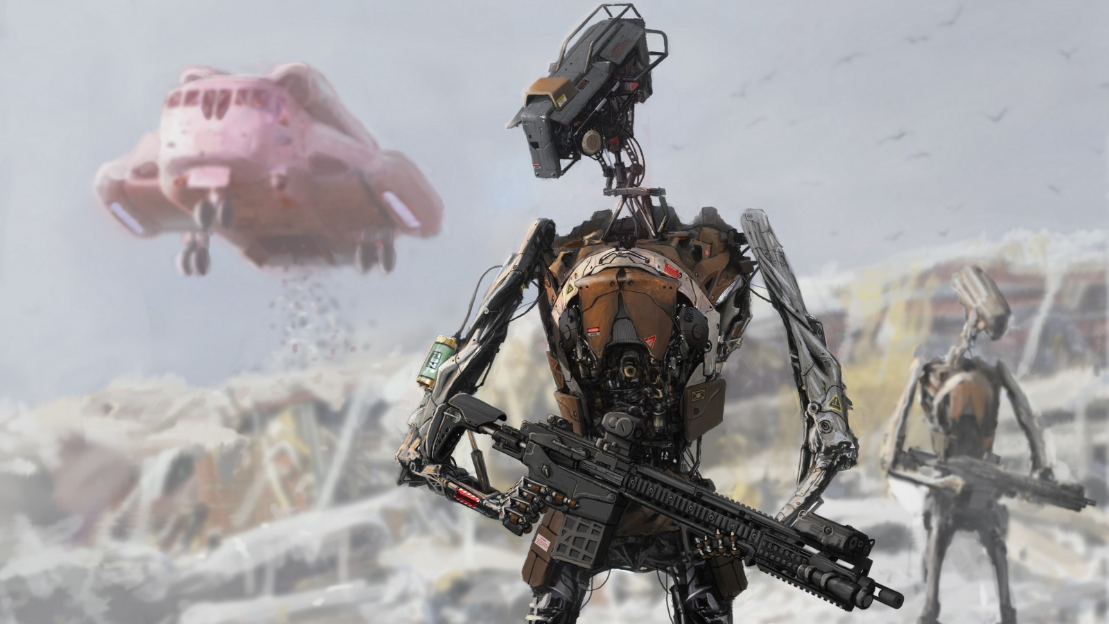 digitale Kunst, Fantasiekunst, Roboter, futuristisch, Waffe, Kunstwerk, Soldat, Maschine, Schütze, Maschinengewehr, Bildschirmfoto, Mecha, Söldner