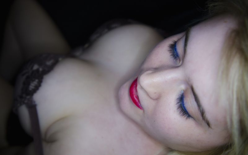 tvář, ženy, portrét, červená rtěnka, modrý, detailní