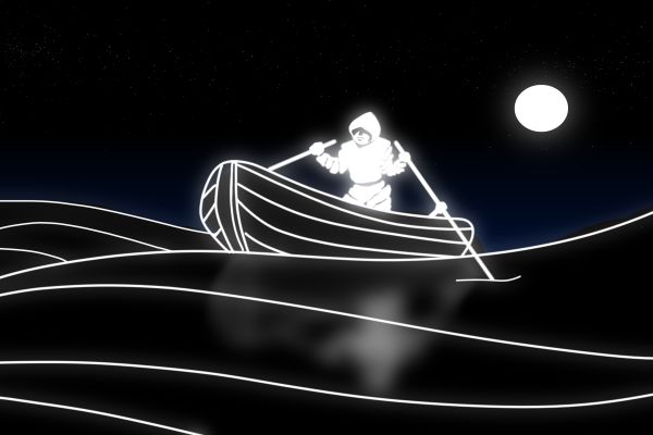 stars,monochrome,fisherman,boat,sea,night