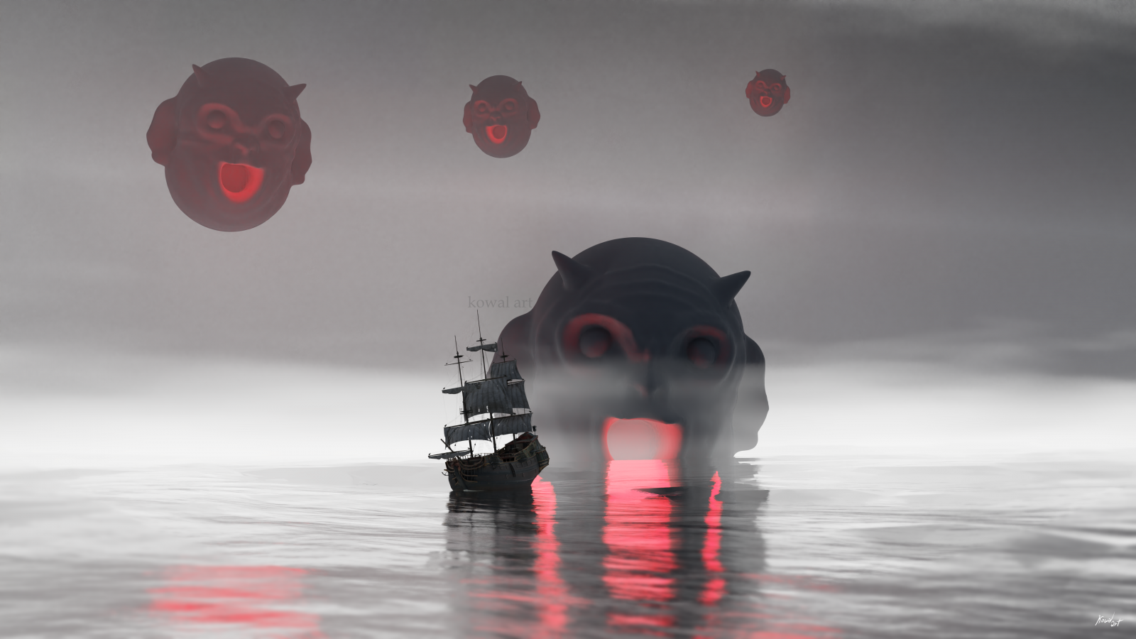 loď, sea flood, nebe, temný, H P Lovecraft, KowalArt