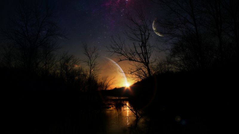 landscape, sunset, planet, Moon, forest, digital art landscape, sunset, planet, Moon, forest, digital art