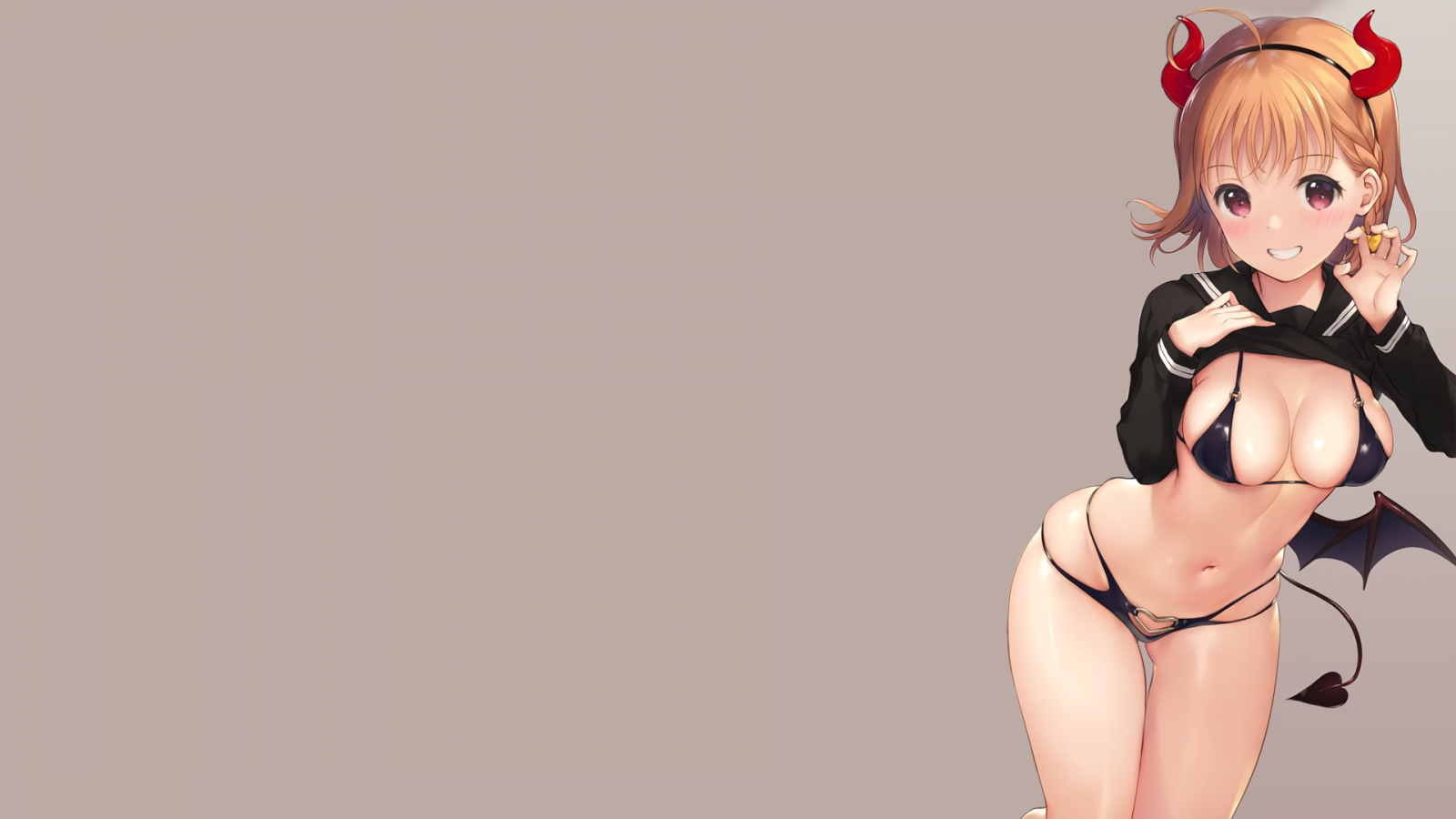 anime, manga, anime dívky, jednoduché pozadí, minimalismus, bikiny, černé plavky, břicho, spodní prádlo, demoness, succubus, velká prsa, kalhotky, krátké vlasy, usmívající se, při pohledu na diváka