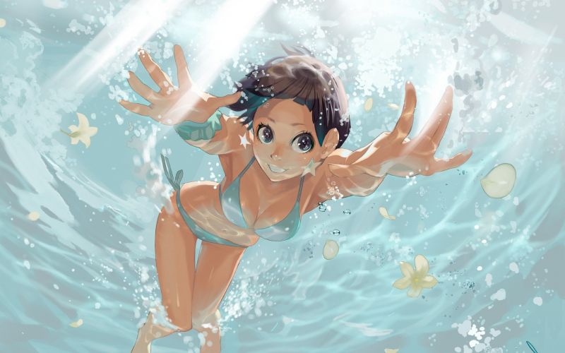 anime, anime girls, original characters, underwater, bikini, illustration anime, anime girls, original characters, underwater, bikini, illustration