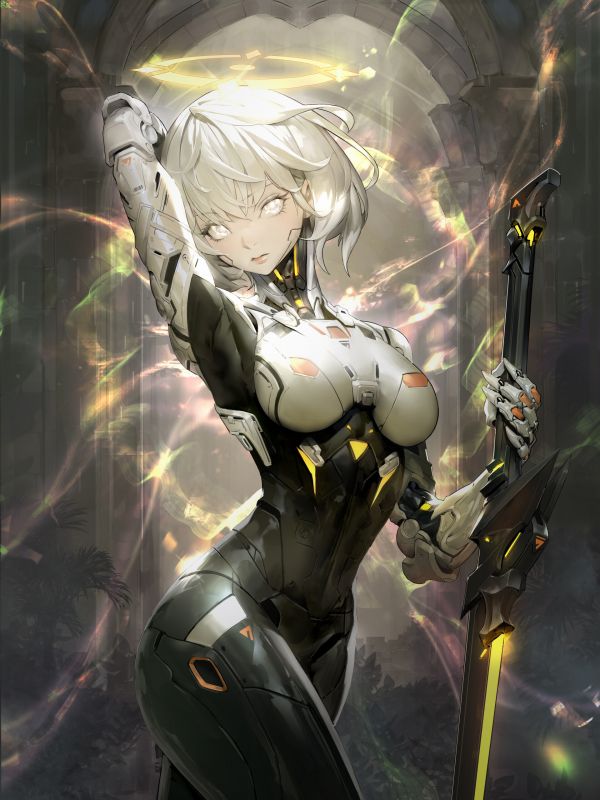 drawing,fantasy art,WonJo Jung,silver hair,androids,weapon