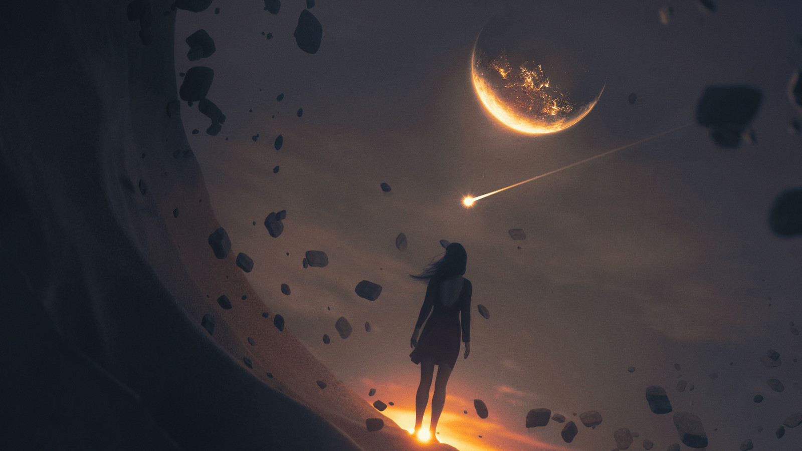 digitální, digitální umění, ilustrace, umělecká díla, abstraktní, planeta, hvězdy, temný