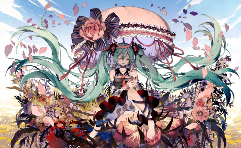 ilustrace, květiny, anime, Vocaloid, Hatsune Miku, komiks ilustrace, květiny, anime, Vocaloid, Hatsune Miku, komiks