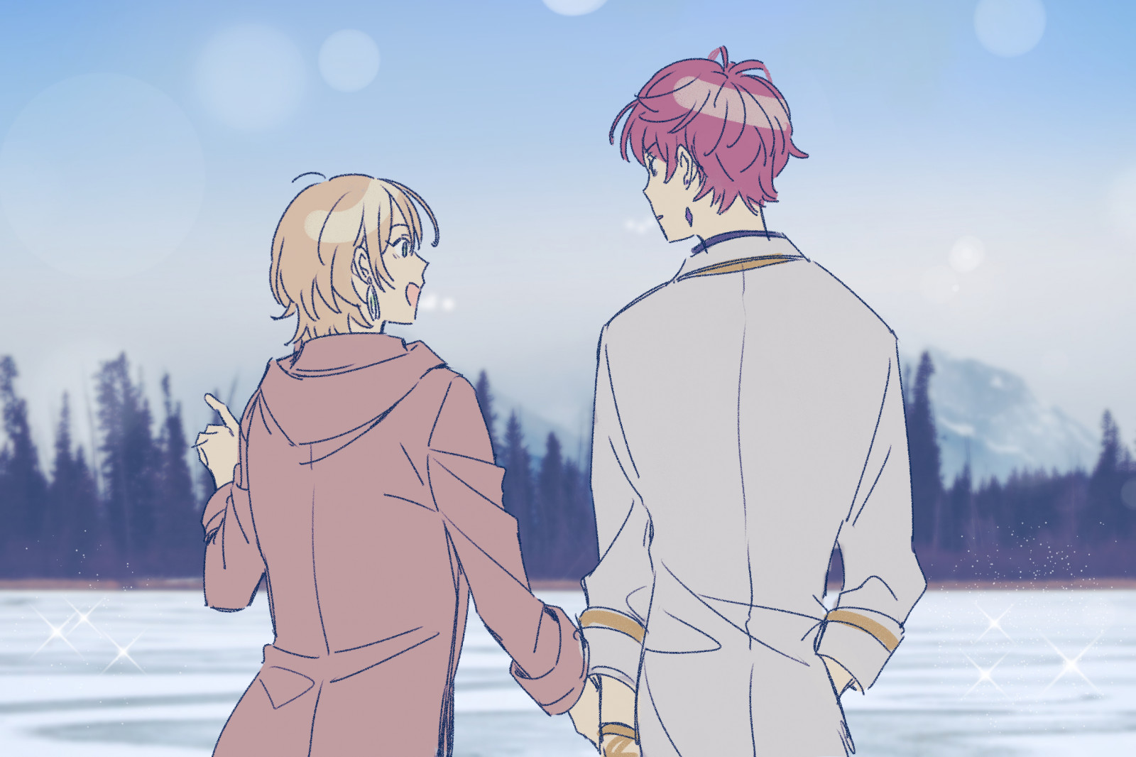 nebe, kreslená pohádka, People in nature, blankyt, šťastný, stojící, gesto, UMĚNÍ, zábava, fiktivní postava, výkres, ilustrace, volný čas, událost, Animated cartoon, formální oblečení, konverzace, cg artwork, módní design, strom, animace, beletrie, anime, romantika, grafika, zima