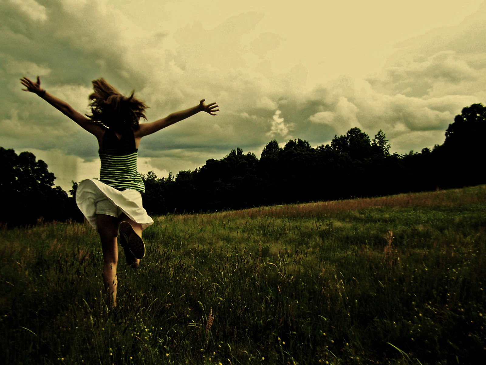 alberi, cielo, bianca, verde, amore, ragazza, Photoshop, modificato, strisce, in esecuzione, Correre, gonna, pantaloncini, feild