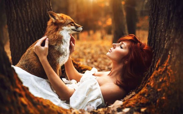 bladeren, women outdoors, bomen, Bos, vallen, dieren