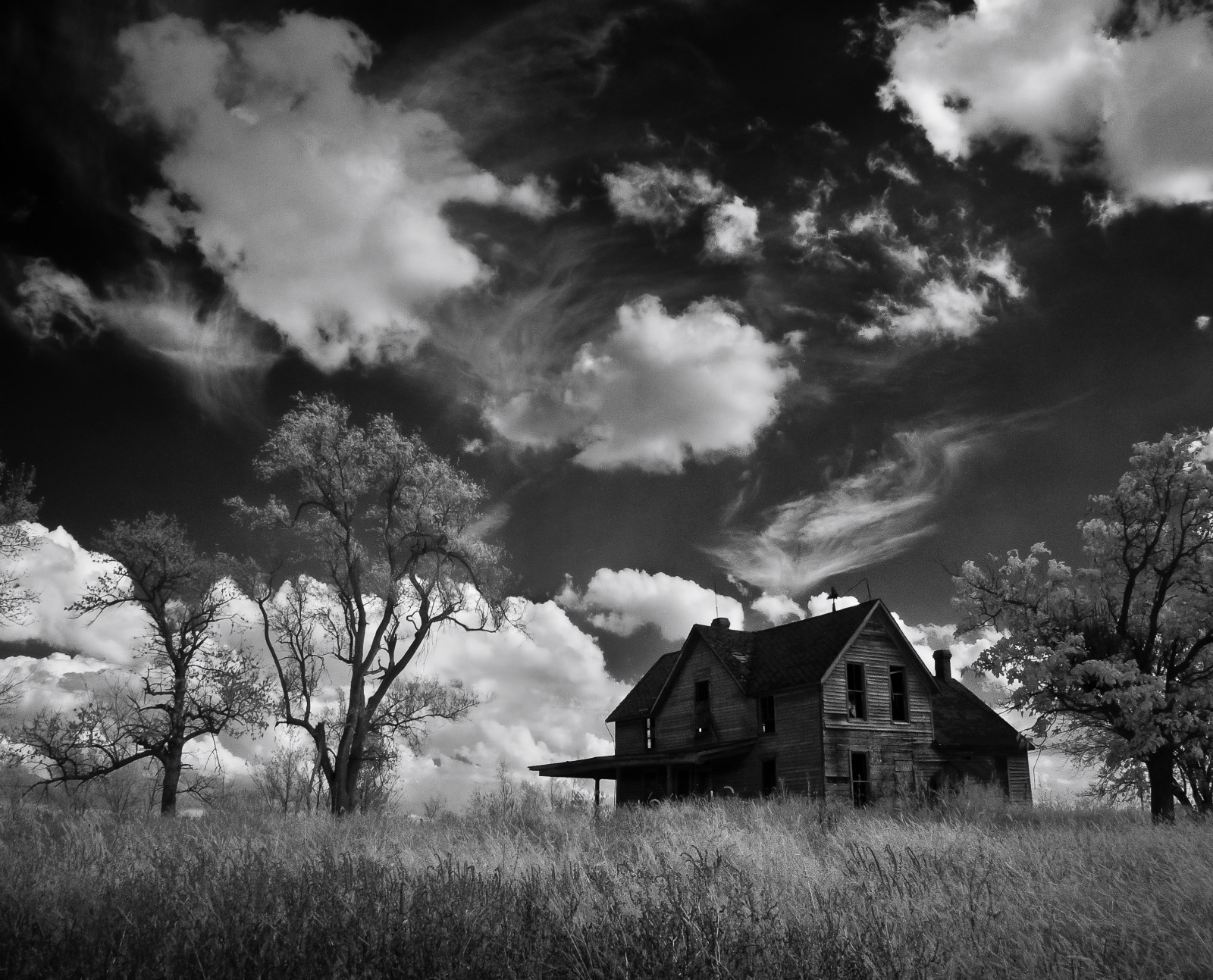 Černý a bílý, mraky, statek, venkovský, vítr, rozklad, strašidelný, abandonedhouse, Infračervený