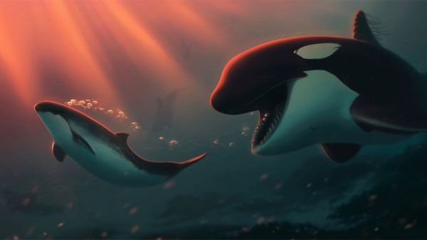 nature,animals,digital art,orca,underwater,bubbles