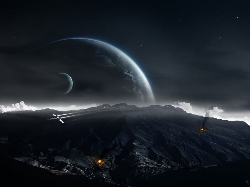 Hvězdné války, noc, planeta, bitva, space art, Měsíc Hvězdné války, noc, planeta, bitva, space art, Měsíc