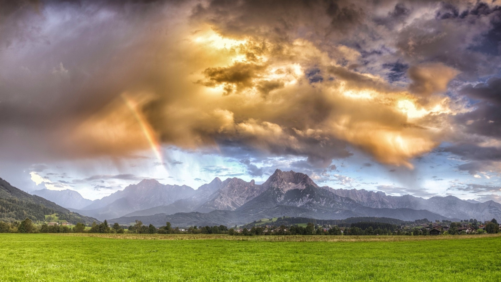 1920x1080 px, nuvens, campo, grama, panorama, montanha, natureza, arco-íris, céu, luz solar
