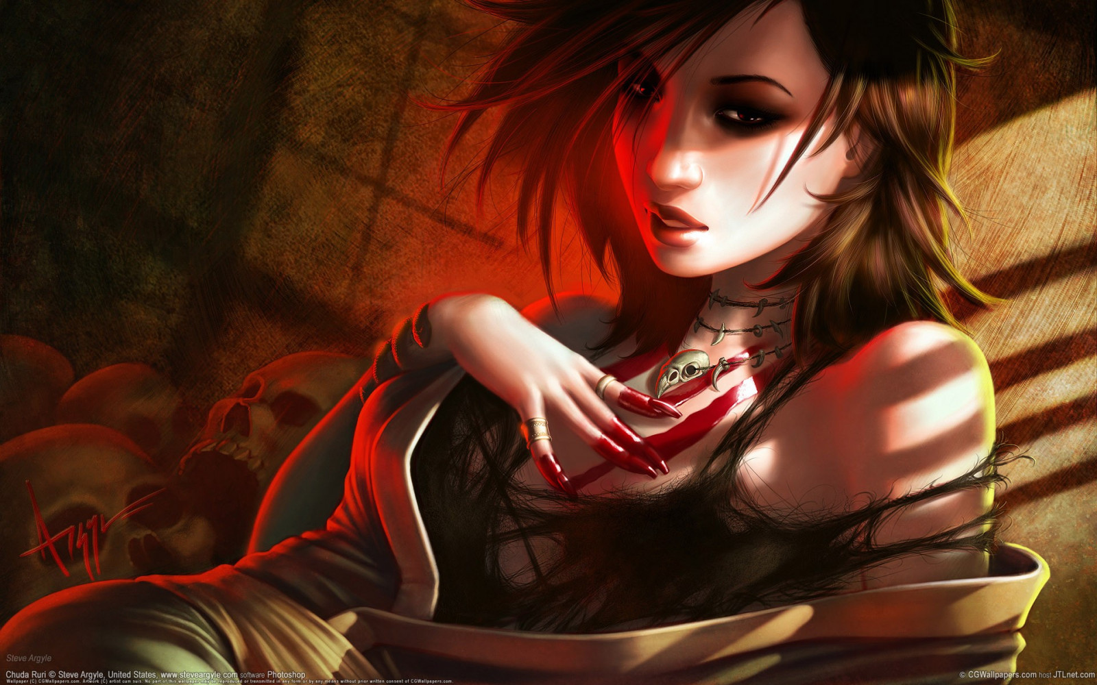 femmes, Art fantastique, Fantaisie fille, Anime, rouge, Ongles peints, ouvrages d'art, obscurité, capture d'écran, Papier peint de l'ordinateur, Femme guerrière