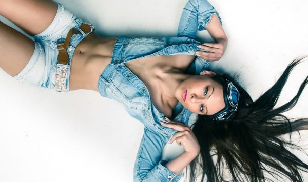 model,lingerie,women,jeans,black hair,fashion