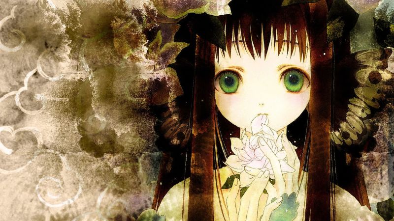 dlouhé vlasy, anime, anime dívky, bruneta, při pohledu na diváka, zelené oči